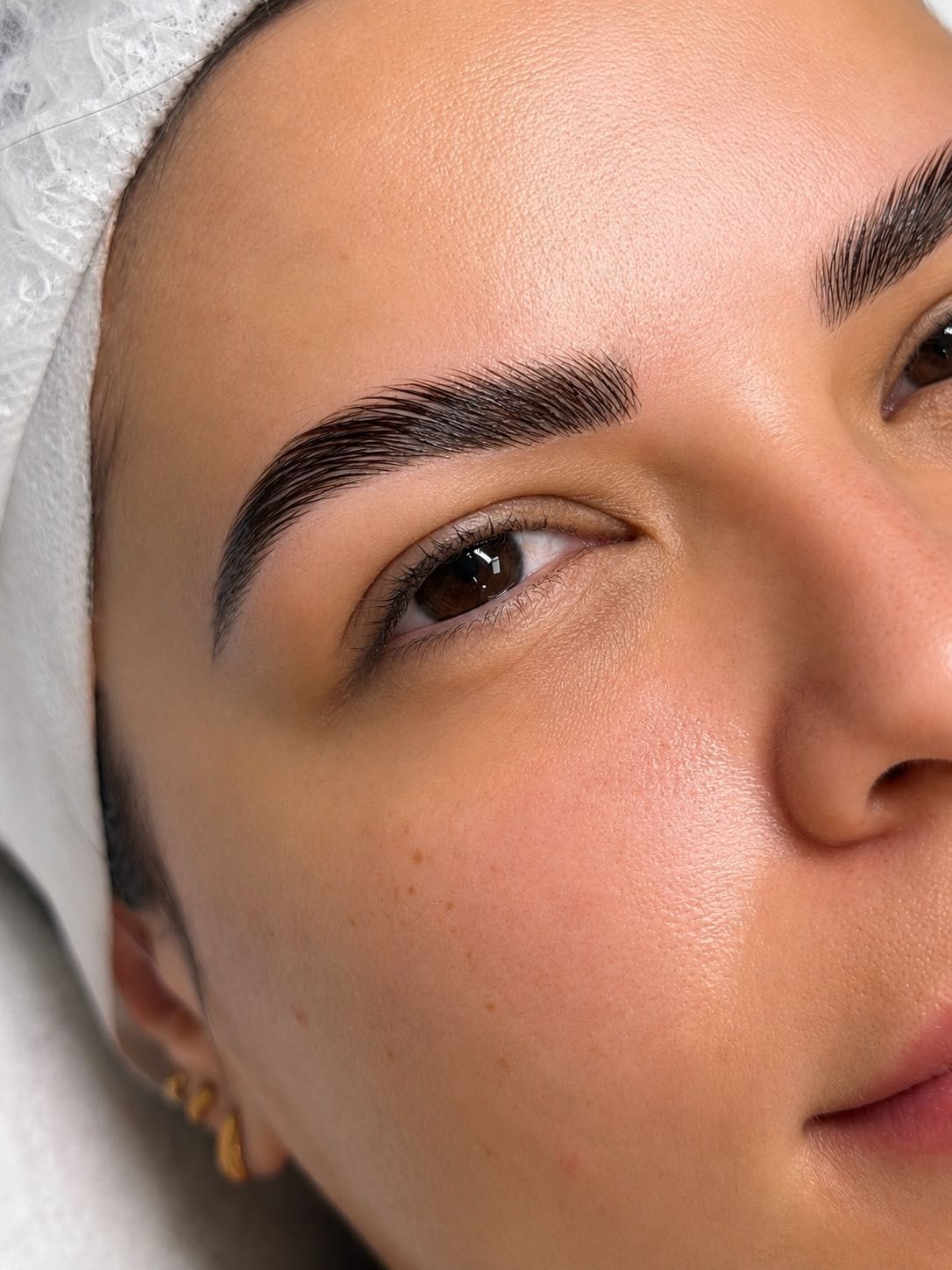 Close-up of a laminated, brushed-up brow